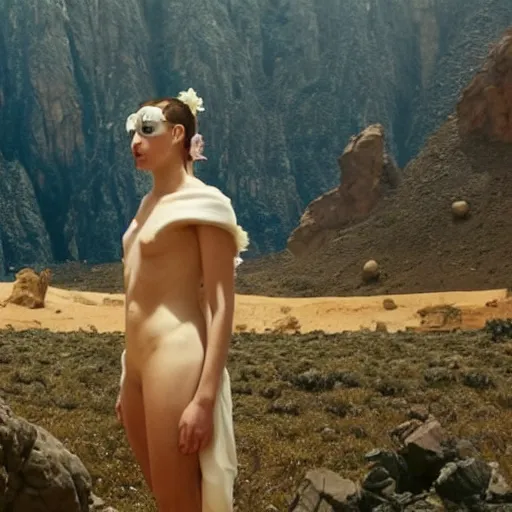 Image similar to The full body shot of beautiful pale woman with white flowers and full-face golden mask in a rocky desert landscape, multiple eyes by Denis Villeneuve, Lubezki, Gaspar Noe and Christopher Doyle, anamorphic lens, anamorphic lens flares, kodakchrome, cinematic composition, practical effects, award winning photo, 8k