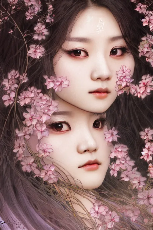 Prompt: beautiful and holy and divine young heroine portrait like twice tzuyu+happy+smoky eyes+front face with light flowing hai, ultradetail face, art and illustration by tian zi and WLOP and alphonse mucha, fantasy, intricate complexity, chinese, goddess, human structure, fantasy character concept, watermark, blurry, hyperrealism 8k