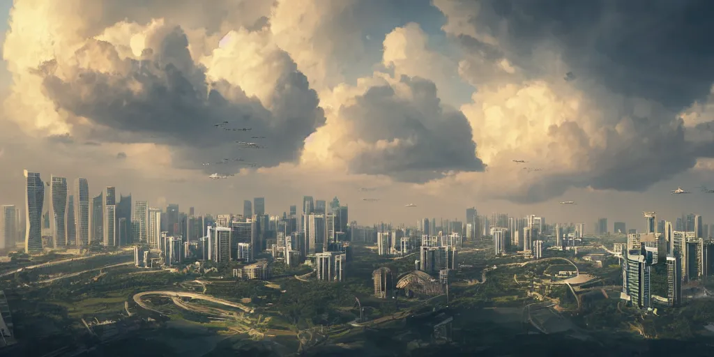 Image similar to Singapore city with a lion-shaped cloud in the sky and a squadron of chinooks flying in the sky, by greg rutkowski, red and white lighting, digital art, ultra realistic, ultra detailed, photorealistic, 4k, character concept