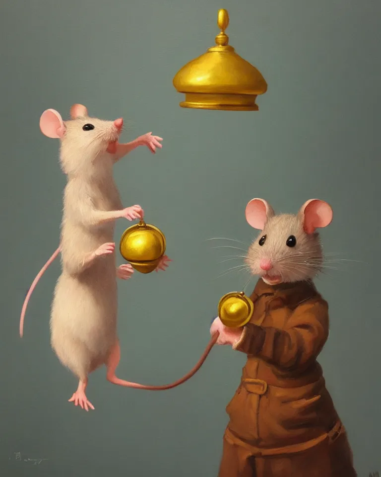 Image similar to an old oil painting of a cute mouse standing on two legs and holding a round bell, trending on artstation