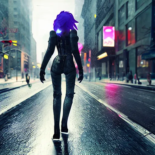 Image similar to a grungy cyborg kitten walks in NYC street in a rainy day among other people, led lights around the place, digital painting, ultra detailed, unreal engine 5,