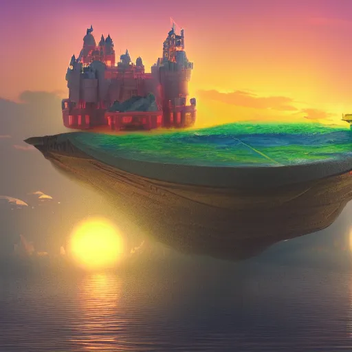 Image similar to an incredible floating castle and a floating boat, at sunset, very details, 8 k, by neil blevins