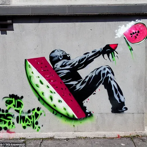 Prompt: a craw eating a watermelon, graffiti, photograph, made by banksy, vivid colors, spray brush, midday, sunny, professional