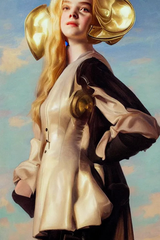 Image similar to Elle Fanning as an Android, oil on canvas, golden hour, artstation, by J. C. Leyendecker and Peter Paul Rubens,
