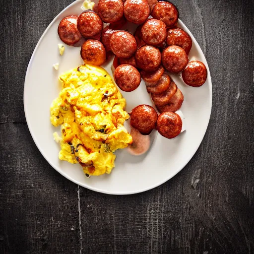 Image similar to bacon sausages scrambled eggs, hyper realistic, award winning food photography