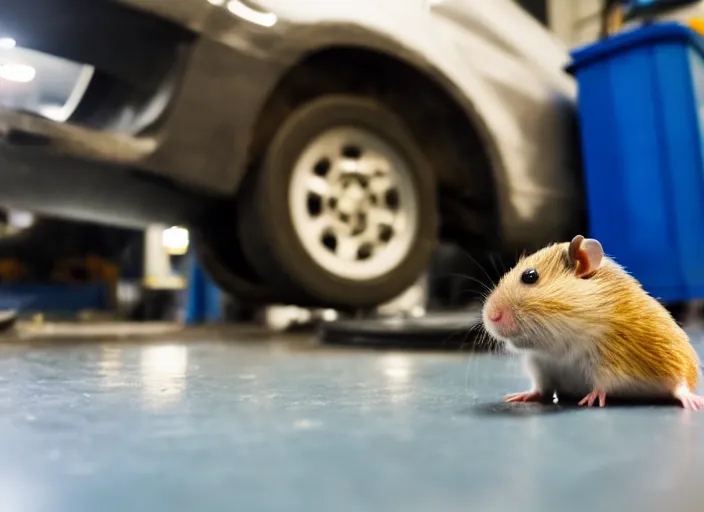 Image similar to film still of a hamster working as a mechanic in an auto shop, 8 k