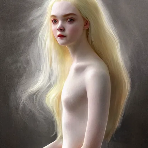 Image similar to a professional painting of Elle Fanning, clothed in ethereal armor, porcelain white skin, long blonde hair, beautiful bone structure, symmetrical facial features, intricate, elegant, digital painting, concept art, smooth, sharp focus, illustration, from Dark Souls, by Edward Hopper and Johannes Vormeer and Artgerm and William-Adolphe Bouguerea