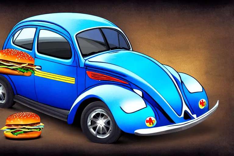 Image similar to a blue beetle car with burgers for wheels, digital art 4 k,