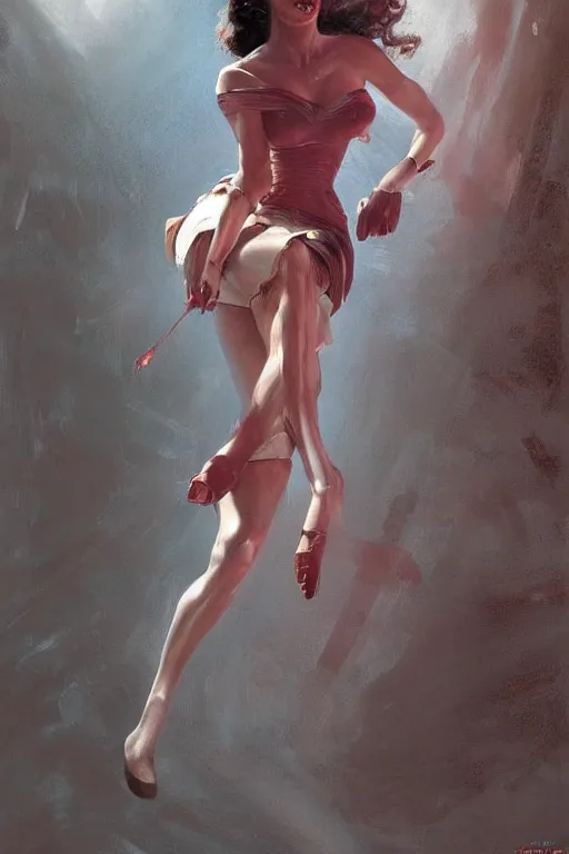 Prompt: a highly detailed epic cinematic concept art CG render digital painting artwork painting: Gal Gadot as a pinup girl from the 1950s. volumetric lighting. By Greg Rutkowski, in the style of Francis Bacon and Syd Mead and Norman Rockwell and Beksinski, open ceiling, highly detailed, painted by Francis Bacon and Edward Hopper, painted by James Gilleard, surrealism, airbrush, Ilya Kuvshinov, WLOP, Stanley Artgerm, very coherent, triadic color scheme, realistic facial expression, art by Takato Yamamoto and James Jean