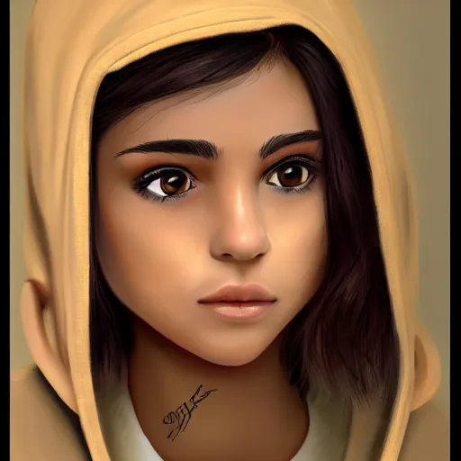 Prompt: young Latin girl with a beige hoodie, shy, focus on face, still, photograph, digital painting, trending on artstation, masterpiece, in the style of JB Casacop, disney