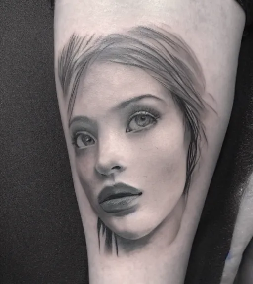 Prompt: a beautiful girl portrait faded in a mountain scenery, realism tattoo, in the style of den yakovlev, black and white, hyper realistic, highly detailed