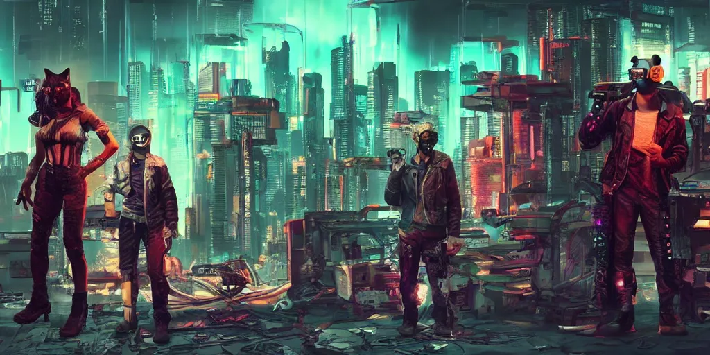 Image similar to cyberpunk cat gang posing, fallout 5, studio lighting, deep colors, apocalyptic setting, sneak peek into the future