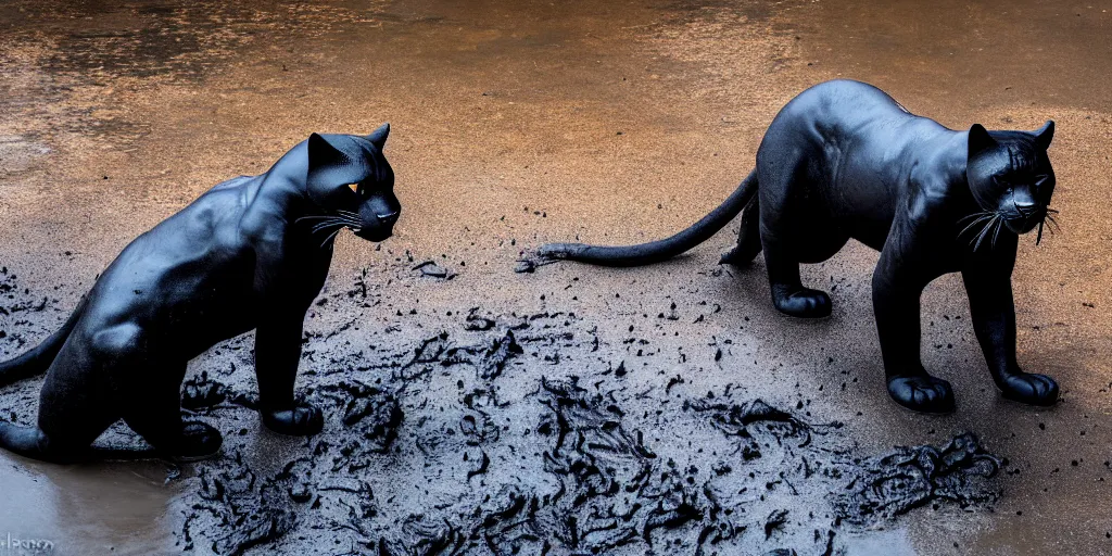 Image similar to the smooth black panther, made of smooth black goo, bating in tar in the zoo exhibit, viscous, sticky, full of tar, covered with black goo. photography, dslr, reflections, black goo, zoo, exhibit