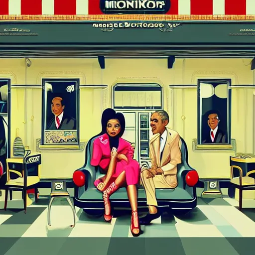 Prompt: illustration of nicki minaj sitting next to barack obama in a 6 0's vintage barbershop, symmetrical, cinematic scene, brownish flat colors, hyper realistic, highly detailed, by miyazaki, monokubo, trending on artstation