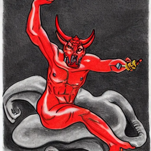 Image similar to full body drawing by Luke Starkie of a muscled horned Satan Devil , swimming tuxedo, red flames in background