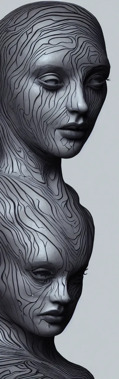 Image similar to epic illustration, digital abstract sculpt of beautiful female face silhouette and black swirling concrete acrylic portrait, black latex sculpt, octane render, mechanical superstructure, sacred geometry, glowing edges, magic hour, beautiful light, sculpture of carving marble, dark colors, dark mood, one point light, clockwork, epic matte painting, concept art, bokeh, digital painting, artstation
