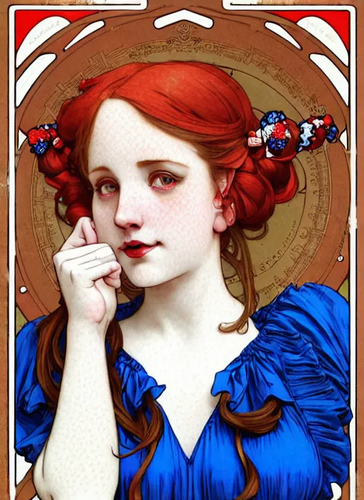 Image similar to close up portrait of wendy thomas, pale young woman with dark freckles and bright red pigtails and blue bows, blue dress with lace ruffles by artgerm, cushart krenz, greg rutkowski, mucha. art nouveau. gloomhaven, golden arches logo, pale colors, sharp edges. ultra clear detailed. 8 k. elegant, intricate, octane render