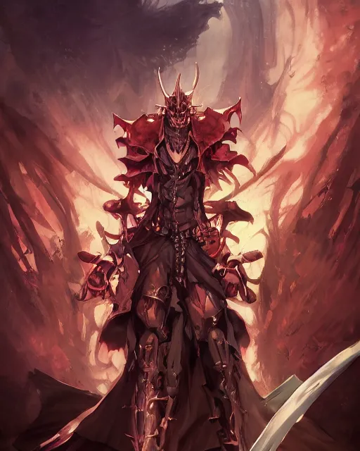 Image similar to portrait of a demon knight!! splash art!!! guilty gear strive! concept art!!! artbook!!! by stanley artgerm lau, wlop, rossdraws, james jean, andrei riabovitchev, marc simonetti, and sakimichan, pixiv, trending on artstation!! c 1 4. 6