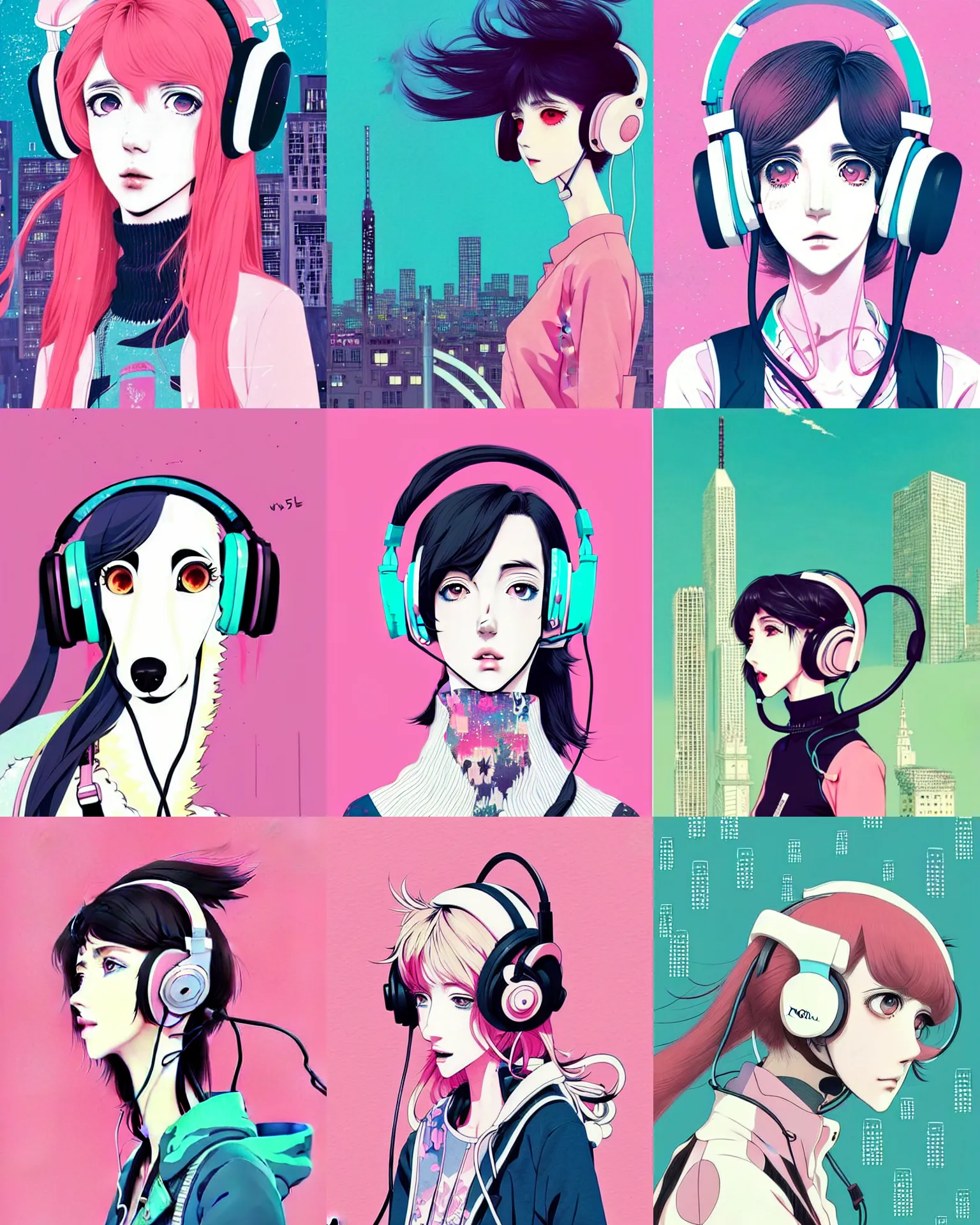 Prompt: borzoi girl wearing headphones, city background, very anime!!! anime!! intricate details, aesthetically pleasing pastel colors, poster background, art by conrad roset and ilya kuvshinov