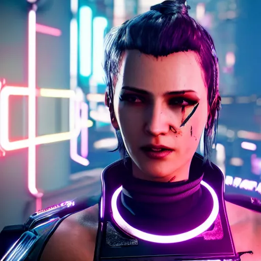 Image similar to female V from Cyberpunk 2077 wearing spiked collar, 4K