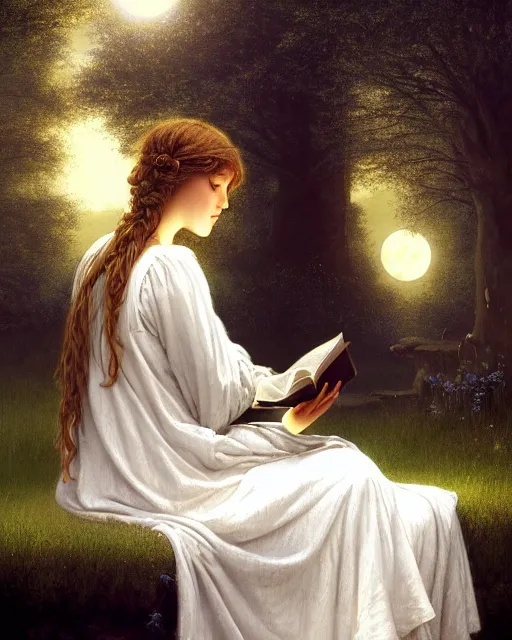 Image similar to a girl in white nightgown reading a book by the river, a full moon on the horizon, dark starry sky, golden orbs and fireflies, illustration, dramatic lighting, art nouveau, highly detailed face, 8 k, hd, by edmund blair leighton, brom, charlie bowater, trending on artstation, faces by tom bagshaw, sargent