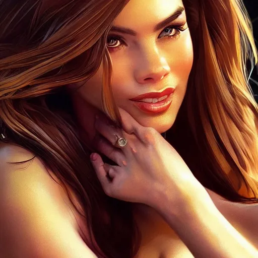 Prompt: beautiful Sofia Vergara by Stanley Artgerm Lau, WLOP, Rossdraws, Frank Frazetta, Andrei Riabovitchev, Marc Simonetti, trending on artstation