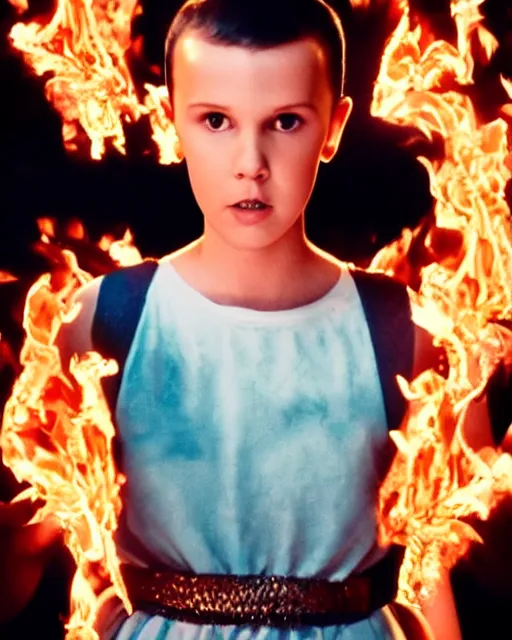 Prompt: Millie Bobby Brown made of fire, cinematic