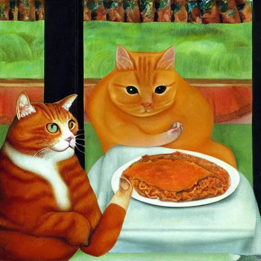 Image similar to fat orange tabby cat eating lasagna on a table, afternoon, by frida kahlo, neighborhood outside window