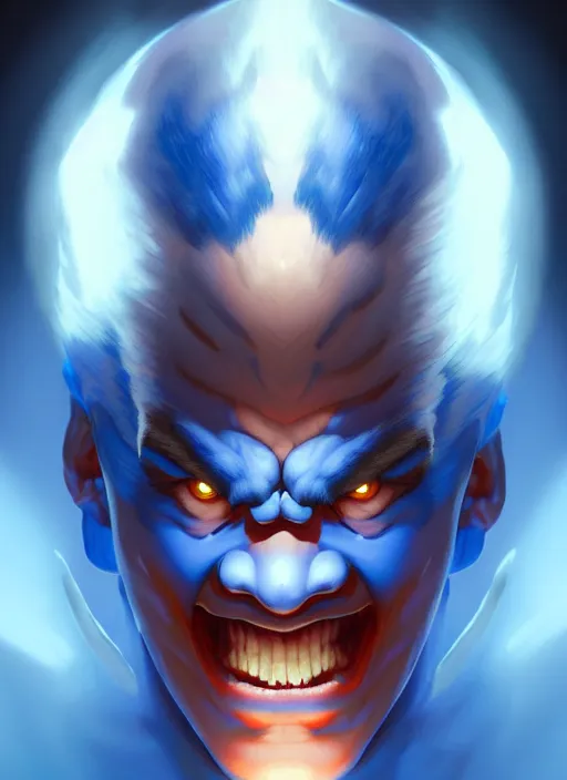 Image similar to symmetry!! portrait of blue akuma, street fighter, global illumination!! intricate, elegant, highly detailed, digital painting, artstation, concept art, smooth, sharp focus, illustration, art by artgerm and greg rutkowski and alphonse mucha