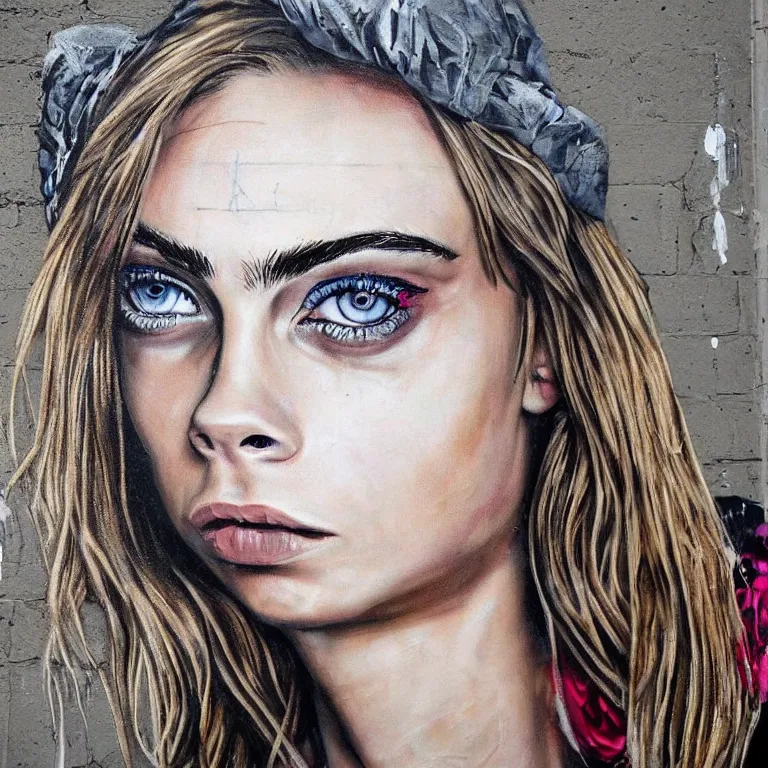 Prompt: Street-art portrait of Cara Delevingne in style of Banksy, photorealism