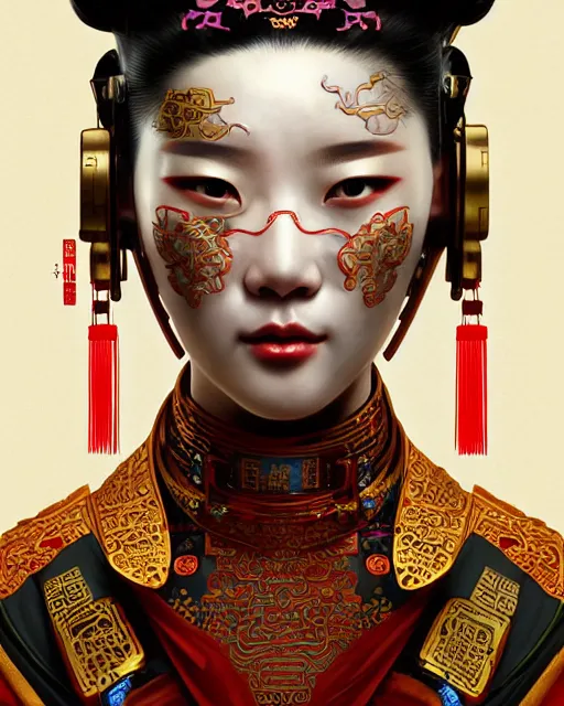 Image similar to portrait of a chinese cyberpunk machine, machine face, upper half portrait, decorated with chinese opera motifs, regal, asian, fine china, wuxia, traditional chinese art intricate intense elegant 京 剧 highly detailed digital painting artstation concept art smooth sharp focus illustration, art by artgerm and greg rutkowski alphonse mucha 8 k