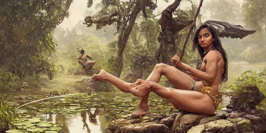 Prompt: Rugged female Sri Lankan warrior relaxing by a pond, relaxed, muscular, upper body, fantasy, intricate, elegant, highly detailed, digital painting, artstation, concept art, smooth, sharp focus, illustration, art by artgerm and greg rutkowski and alphonse mucha