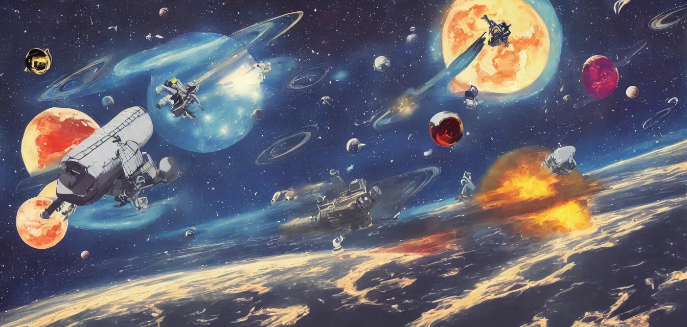 Prompt: space battle aftermath in orbit above moon, retro futurism painting