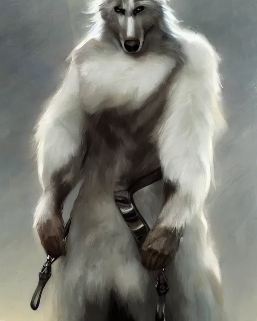 Prompt: a anthropomorphic wolf race car driver with white fur. Renowned character illustration by by Edgar Maxence and Ross Tran