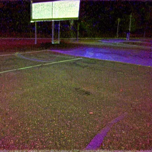 Image similar to Empty playground in the middle of an abandoned highway at night, broken camera, compressed jpeg, damaged webcam image, grainy damaged photo, trail cam footage
