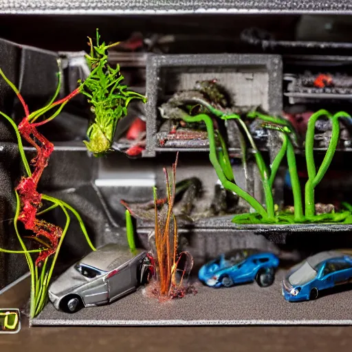 Image similar to garage with carnivorous plants on the shelves and packing peanuts on the floor, scene from tv show hyper detailed 5 5 mm 8 5 mm, low - light photography by tyler williams, made out of plastic