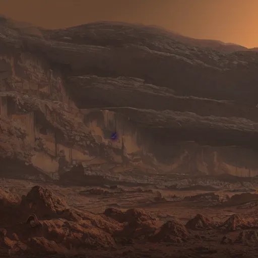 Prompt: matte painting of a sci - fi mining work exploring toxic sulfur pools of hestia rupes mars landscape, highly detailed, vidid, epic scenery, windy, at dusk