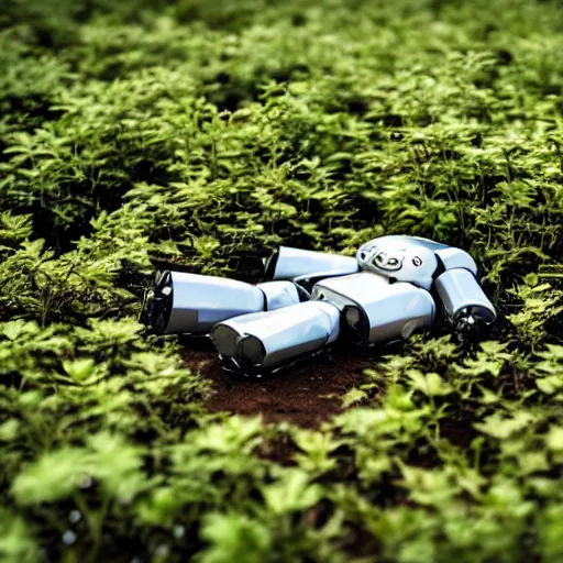 Prompt: A broken robot lays on the ground with plants growing over it, somber,HD, hyper realistic, intricate detail