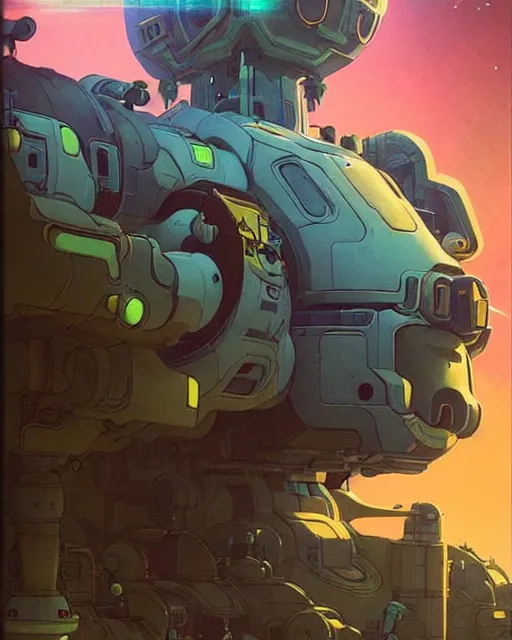 Image similar to bastion from overwatch, character portrait, portrait, close up, concept art, intricate details, highly detailed, vintage sci - fi poster, retro future, in the style of chris foss, rodger dean, moebius, michael whelan, katsuhiro otomo, and gustave dore