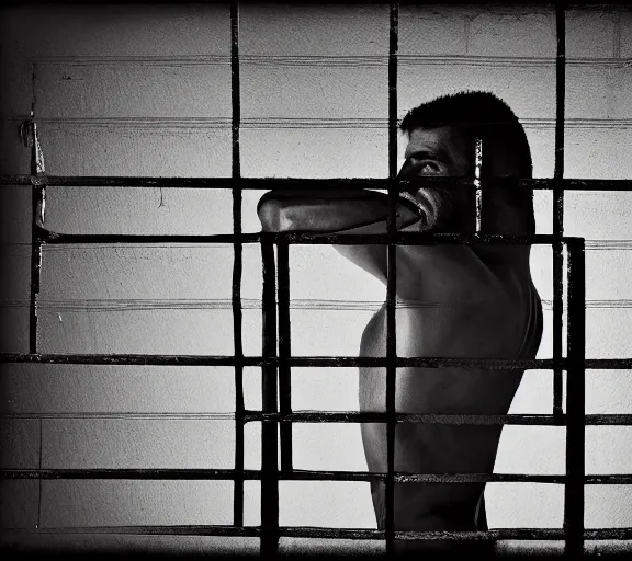 Prompt: wide shot of gigachad behind bars in prison, laughing, photo by Paul Barson, cubism, dark, high contrast, high exposure photo