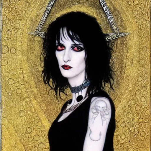 Image similar to death, a young and beautiful pale goth girl wearing a black vest and black punk hair, an ankh medallion hangs around her neck. the actress winona ryder, portrait by joshua middleton and gustav klimt, vertigo comic