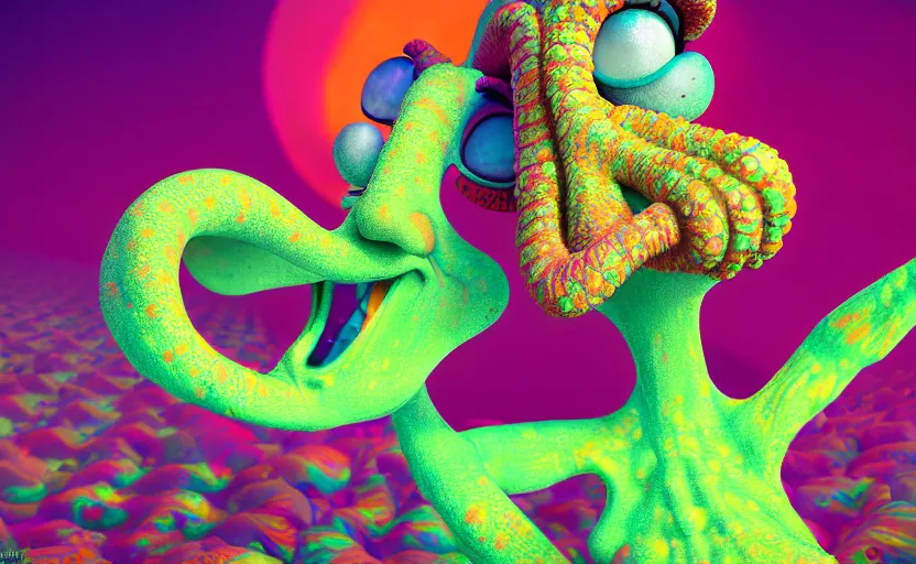 Image similar to squidward taking an acid trip, digital painting, octane render, psychedelic, intricate detail, highly detailed