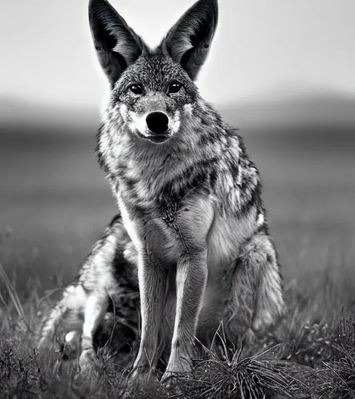 Prompt: Award winning Editorial photo of a wild coyote sitting by Iroquois Native by Edward Sherriff Curtis and Lee Jeffries, 85mm ND 5, perfect lighting, gelatin silver process