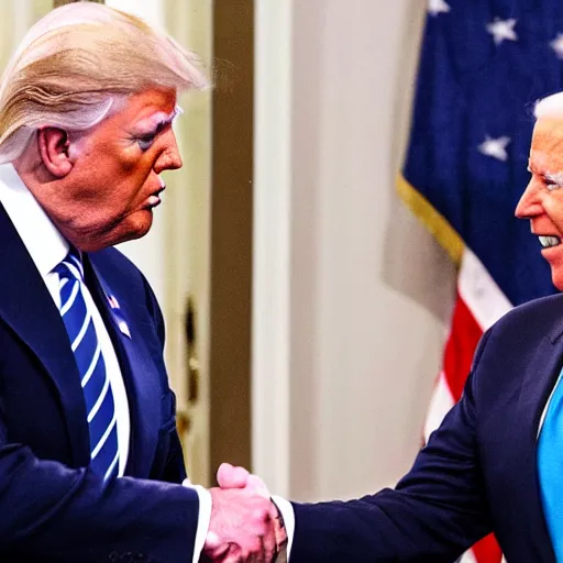 Prompt: joe biden shaking hands with donald trump, photorealistic, 4 k