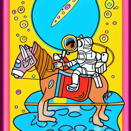 Image similar to Coloring page of an astronaut tabby cat riding a horse, visiting Saturn, surrounded by bubbles