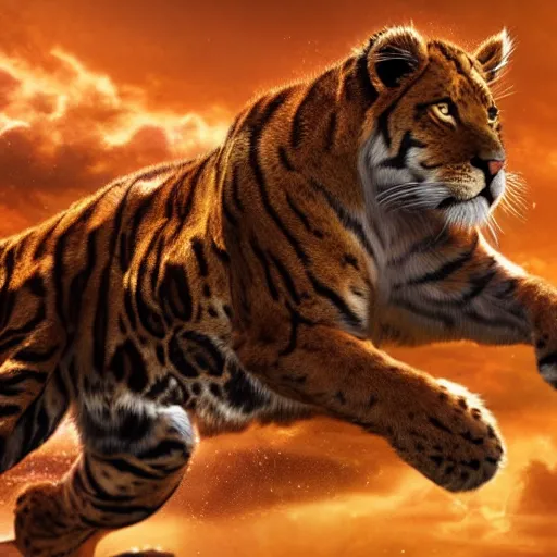 Image similar to mix of puma and jaguar and lion and tiger jumping over a cliff, giant cat monster, 8 k ultra realistic animal, detailed intricate fur, flame in the fur, full of colour, cinematic lighting, battered, trending on artstation, 4 k, hyperrealistic, focused, extreme details, unreal engine 5, cinematic, masterpiece, art by ayami kojima