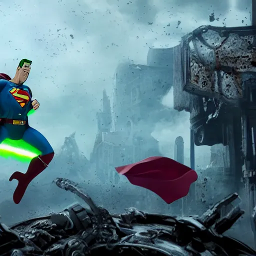 Image similar to pickle rick is flying as superman flying in ( gears of war ), splash art, movie still, detailed face, photorealistic facial features, cinematic lighting, dramatic, octane render, long lens, shallow depth of field, bokeh, anamorphic lens flare, 8 k, hyper detailed, 3 5 mm film grain