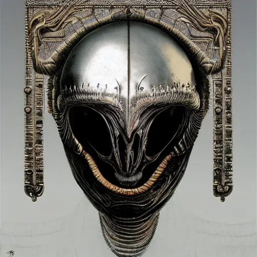 Image similar to Alien King in white imperial clothing, mantle, gold mask by Giger and Beksinski