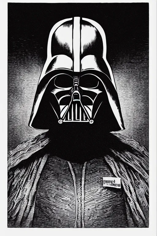 Image similar to horror death darth vader laurie greasley and rene magritte, etching by gustave dore