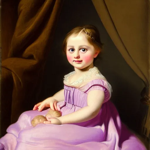 Image similar to portrait of a german toddler princess sitting down in a silk lavender gown, circa 1 8 3 7, by carl joseph begas, highly detailed, beautiful, oil on canvas, 1 8 3 0 s, romanticism